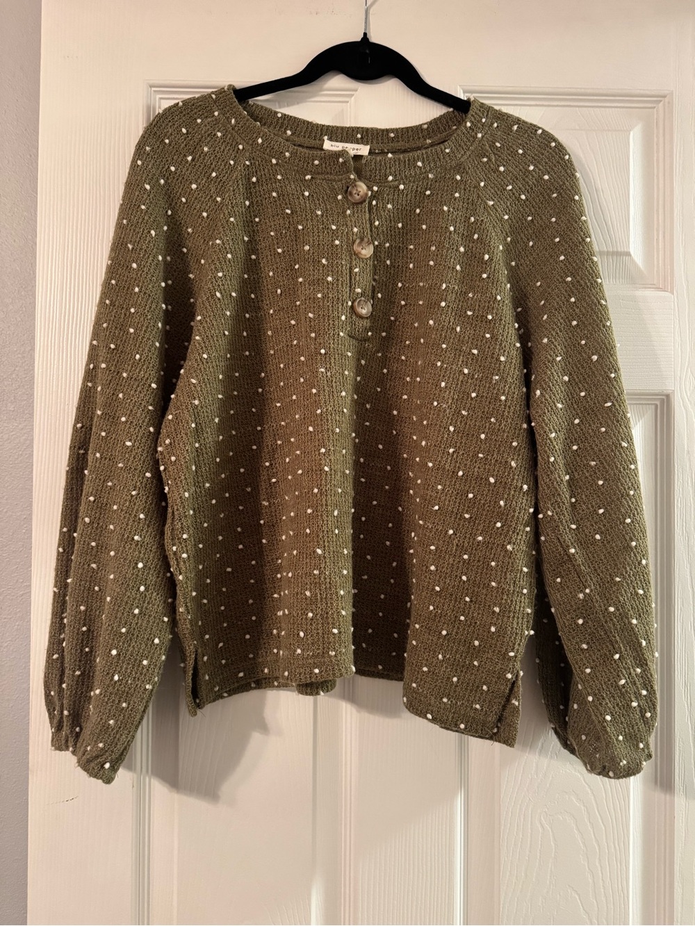 Blu Pepper Olive Green Button Henley Sweater with White Dot Texture